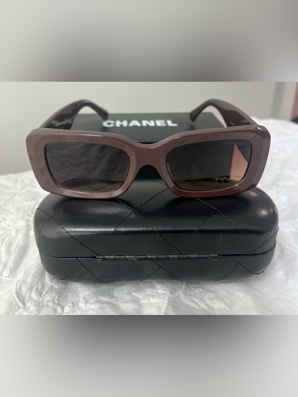 CHANEL Women's Dark Brown Sunglasses with Gold Lattice Detail